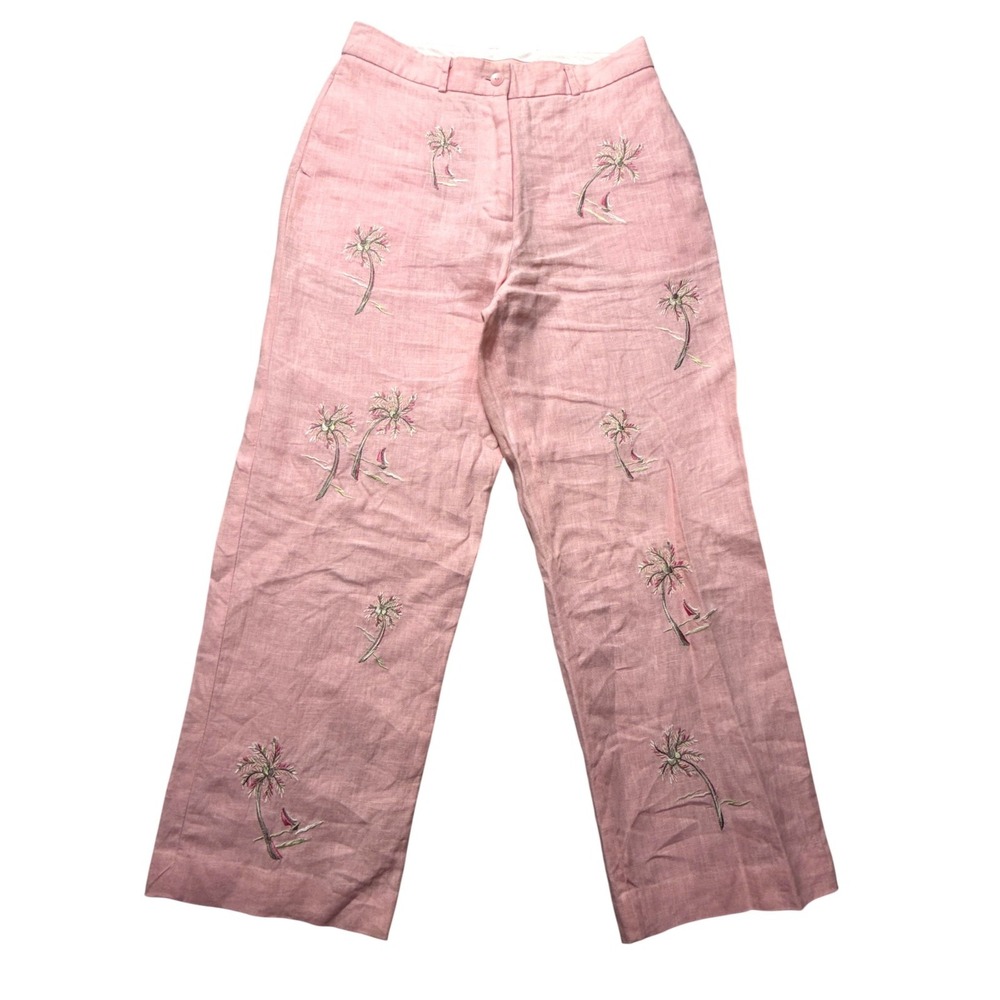 Saint Tropez West Womens 4 Pink Linen‎ Crop Pants Palm Embroidered
